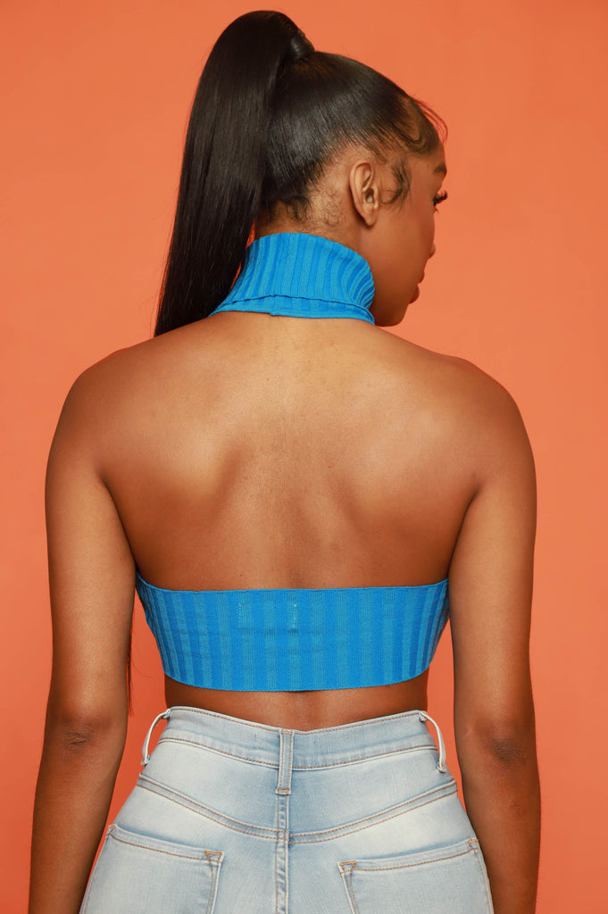 Woah Turtleneck Cut Out Halter Crop Top - Blue - grundigemergencyradio