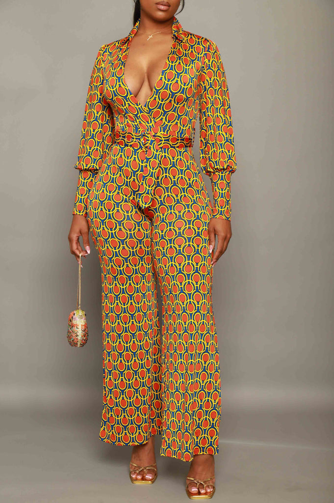 Skylit Long Sleeve Printed Jumpsuit - Orange/Royal - grundigemergencyradio