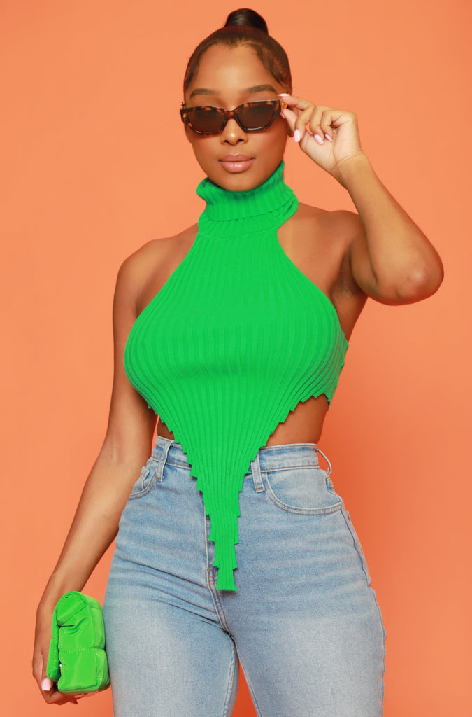 Woah Turtleneck Cut Out Halter Crop Top - Green - grundigemergencyradio