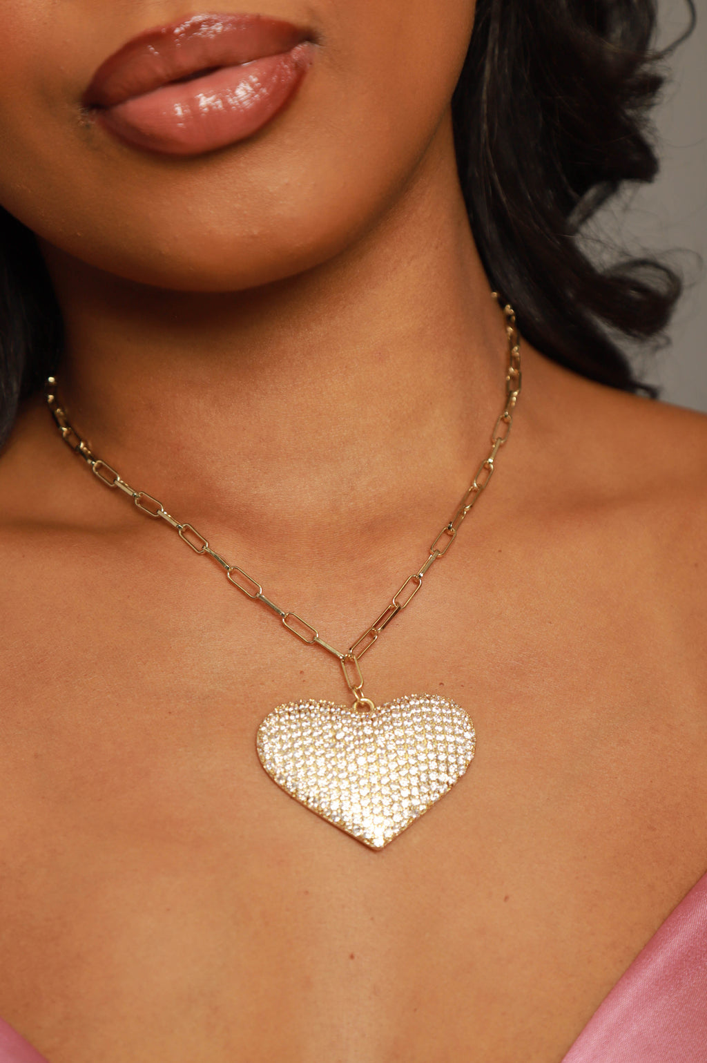 Shape Of You Rhinestone Heart Necklace - Gold - grundigemergencyradio