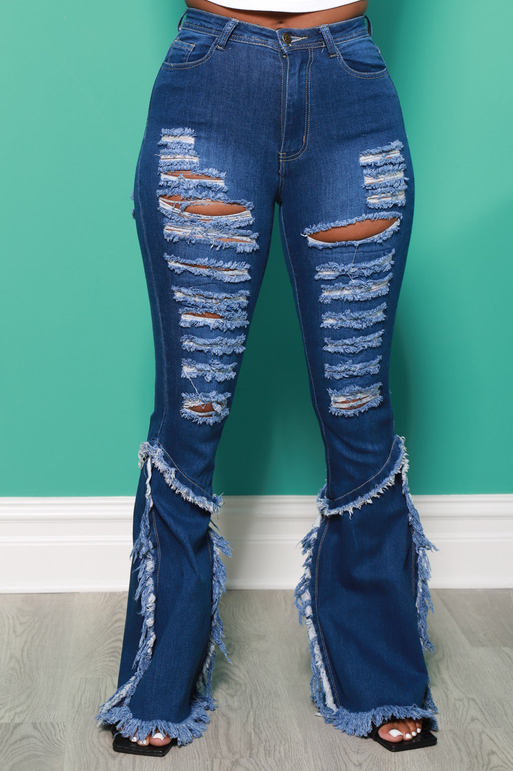 The Other Side Distressed Stretchy Flare Jeans - Mid Wash - grundigemergencyradio