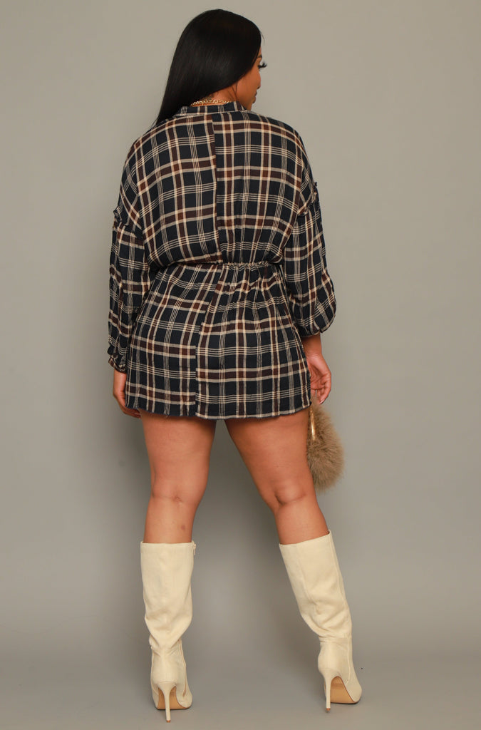 Long Time Plaid Button Up Mini Dress - Navy - grundigemergencyradio