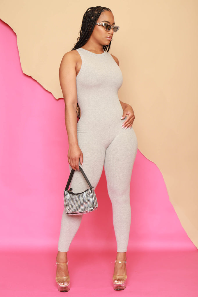 About That Snatched Sleeveless Jumpsuit -  Heather Grey - grundigemergencyradio