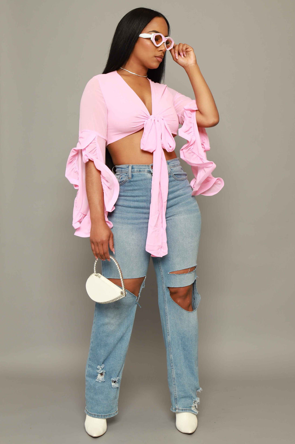 Malibu Babe Ruffled Sheer Crop Top - Pink - grundigemergencyradio