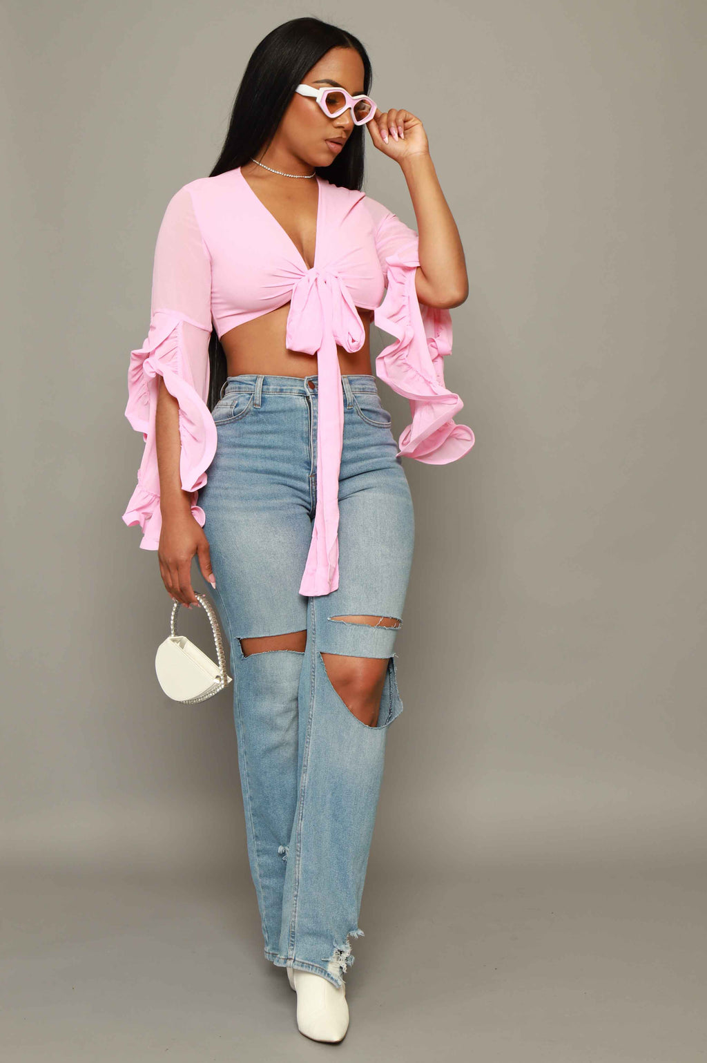 Malibu Babe Ruffled Sheer Crop Top - Pink - grundigemergencyradio