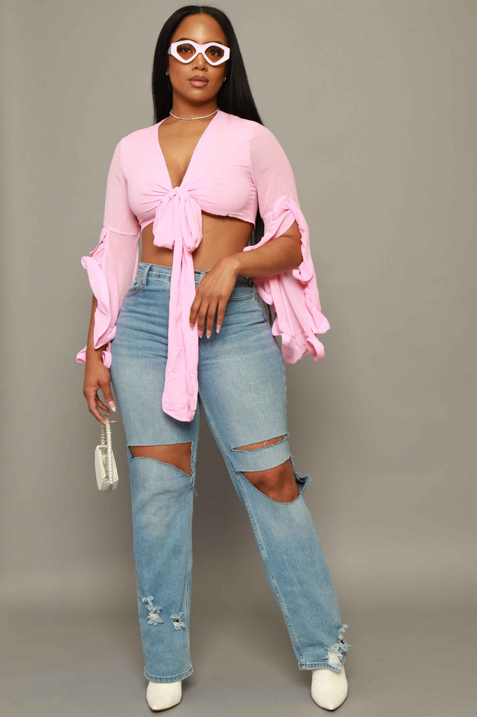 Malibu Babe Ruffled Sheer Crop Top - Pink - grundigemergencyradio