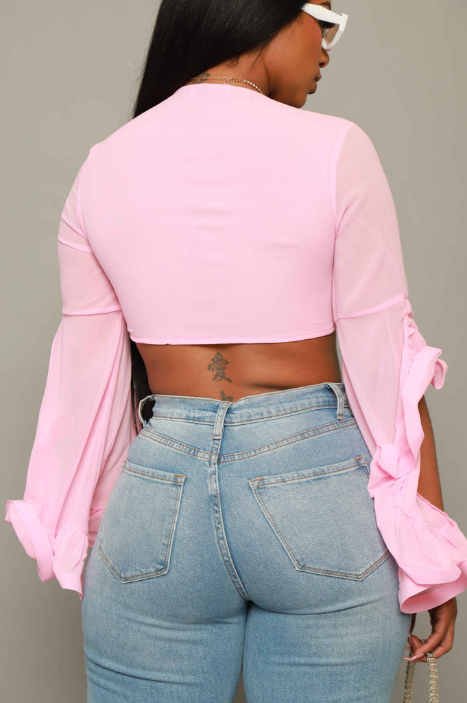 Malibu Babe Ruffled Sheer Crop Top - Pink - grundigemergencyradio