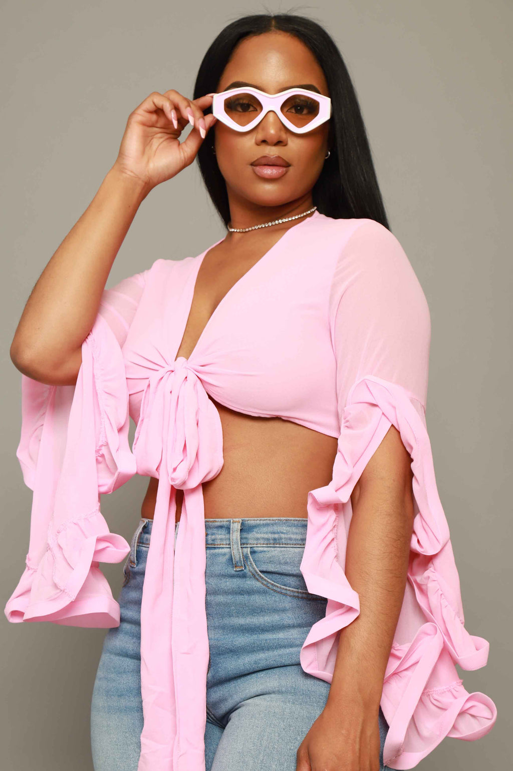 Malibu Babe Ruffled Sheer Crop Top - Pink - grundigemergencyradio