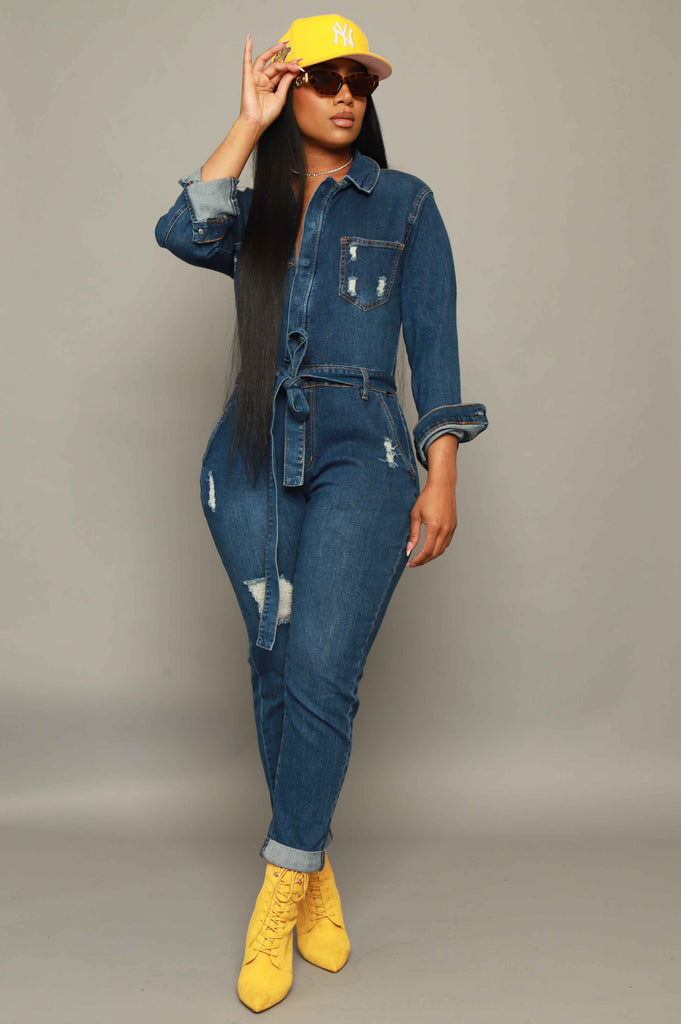 Over and Over Distressed Denim Jumpsuit - Medium Wash - grundigemergencyradio