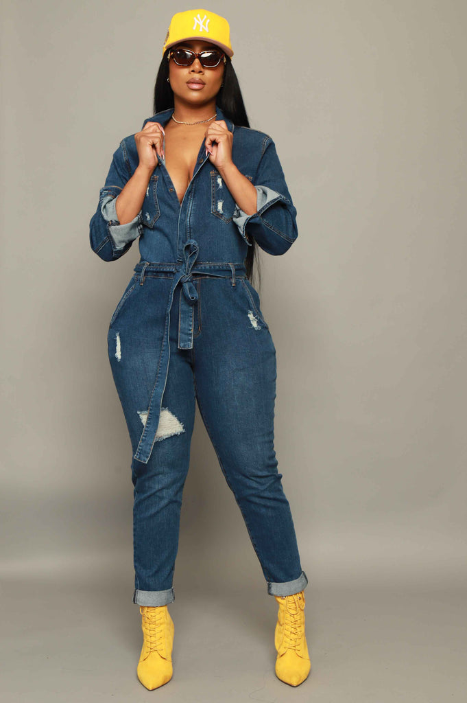 Over and Over Distressed Denim Jumpsuit - Medium Wash - grundigemergencyradio