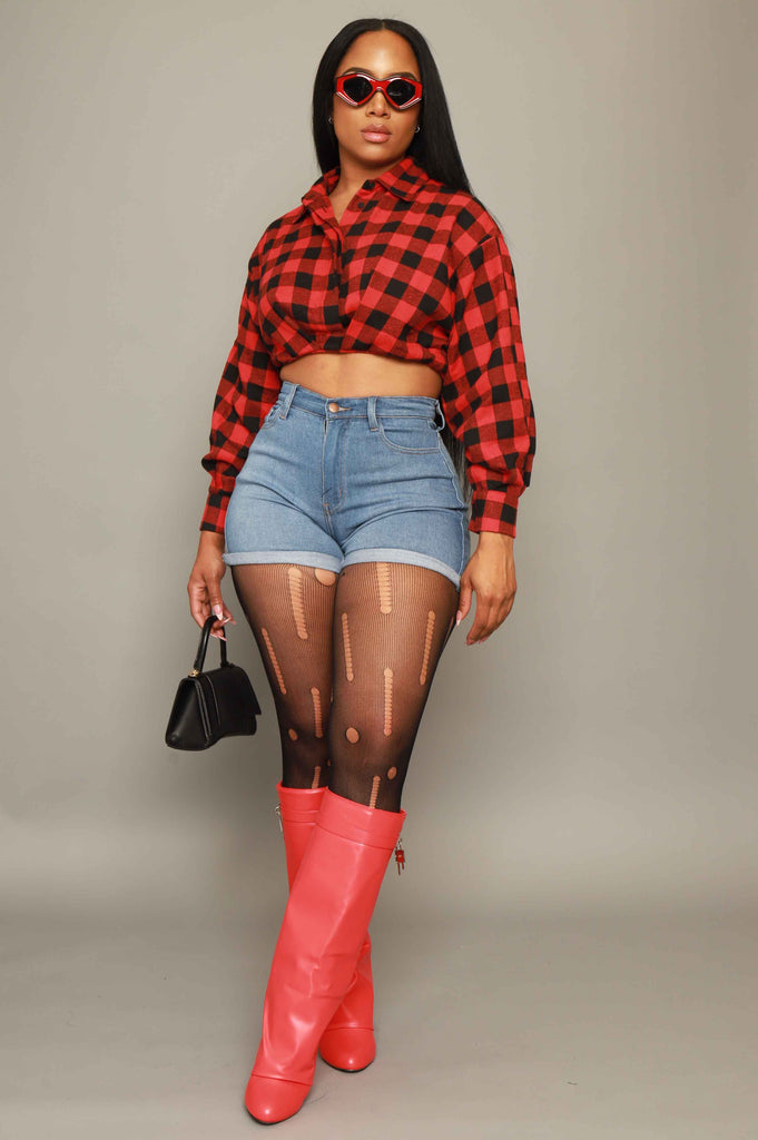 In My Day Plaid Button Up Crop Top - Red/Black - grundigemergencyradio