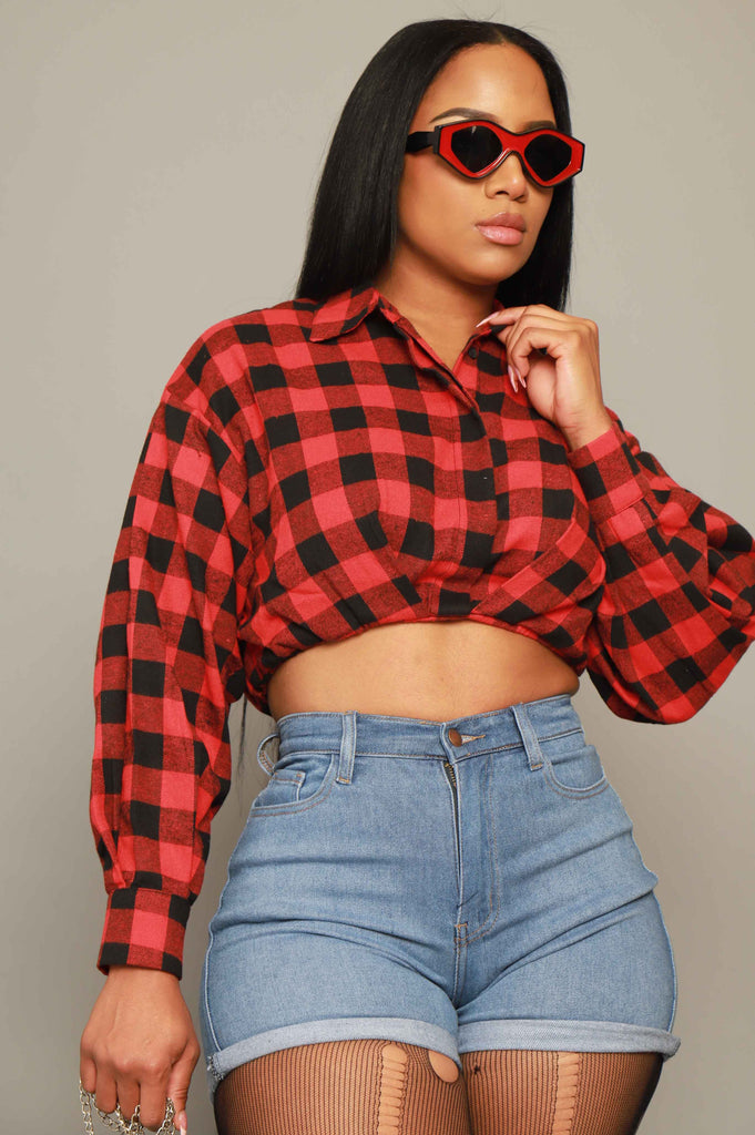 In My Day Plaid Button Up Crop Top - Red/Black - grundigemergencyradio