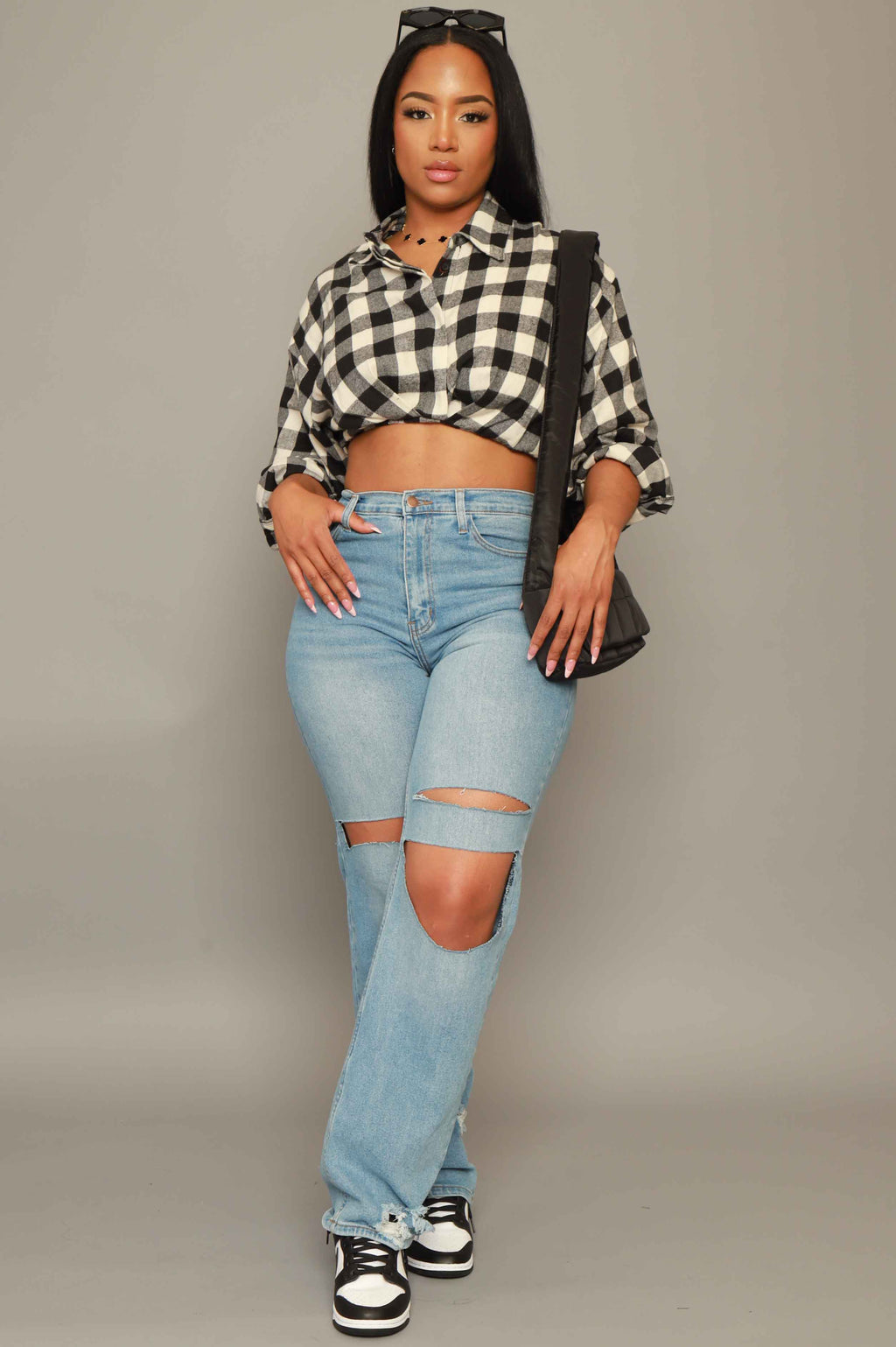 In My Day Plaid Button Up Crop Top - Black/White - grundigemergencyradio