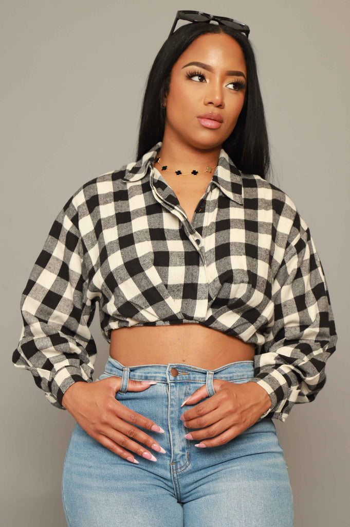 In My Day Plaid Button Up Crop Top - Black/White - grundigemergencyradio