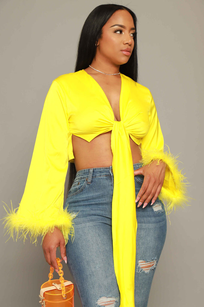 Winning Circle Feather Tie Up Crop Top - Yellow - grundigemergencyradio