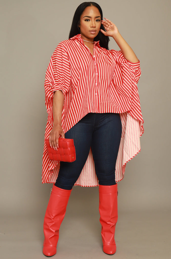 Don't Leave Oversized Striped Button Up Top - Red/White - grundigemergencyradio