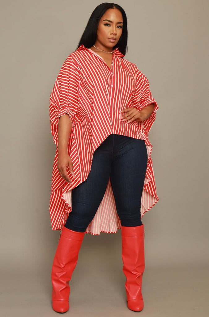 Don't Leave Oversized Striped Button Up Top - Red/White - grundigemergencyradio