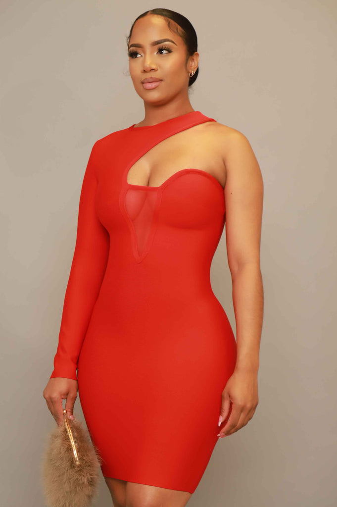 Cuff Me One Shoulder Peekaboo Bandage Dress - Red - grundigemergencyradio