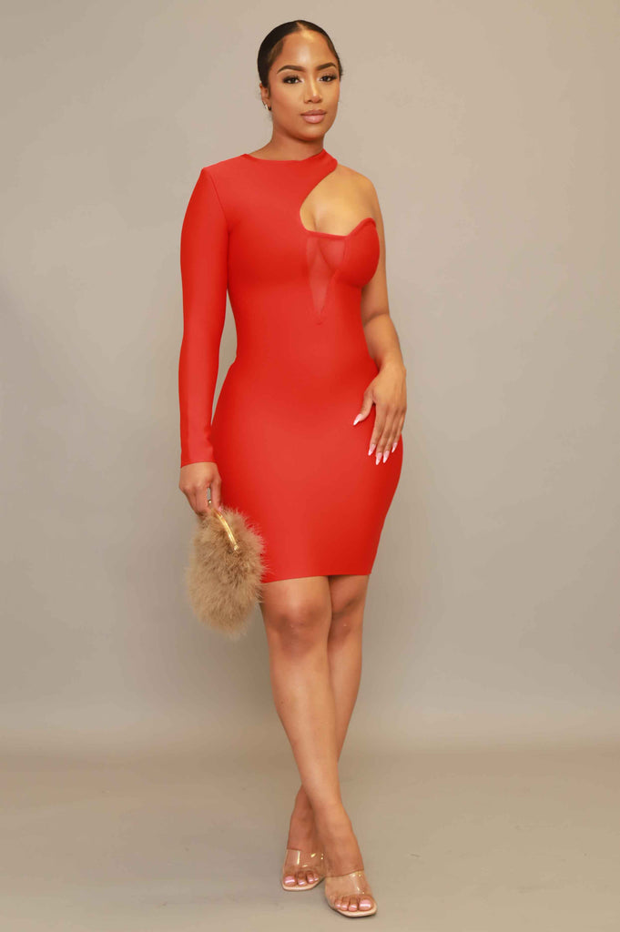 Cuff Me One Shoulder Peekaboo Bandage Dress - Red - grundigemergencyradio