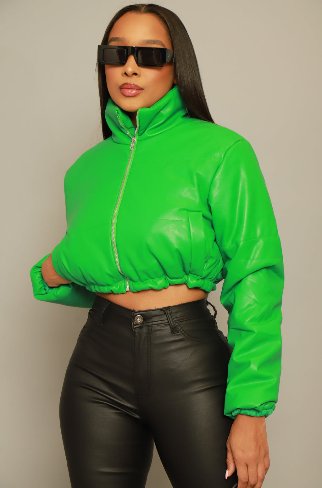 Gotta Roll Cropped Puffer Bomber Jacket - Kelly Green - grundigemergencyradio