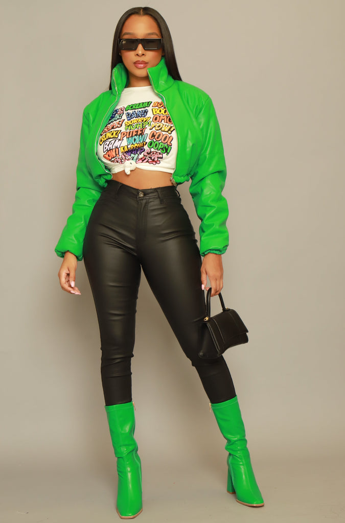 Gotta Roll Cropped Puffer Bomber Jacket - Kelly Green - grundigemergencyradio