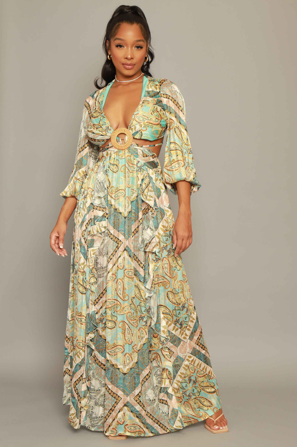 Your Fault Printed Cut Out Maxi Dress - Green - grundigemergencyradio