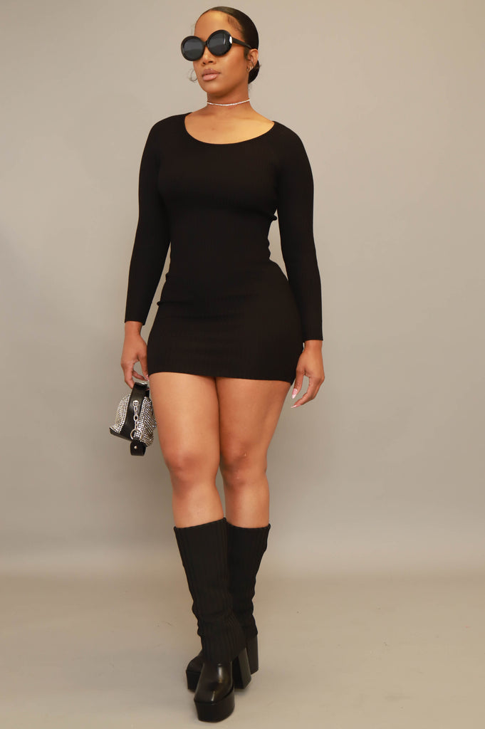 Get A Clue Ribbed Sweater Dress - Black - grundigemergencyradio