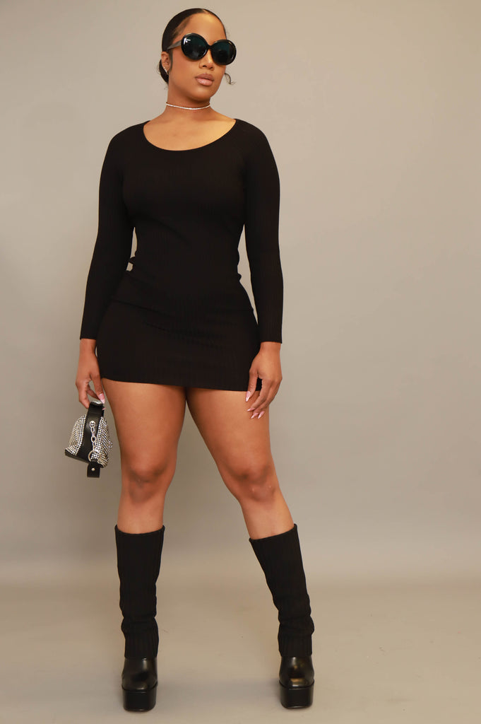 Get A Clue Ribbed Sweater Dress - Black - grundigemergencyradio