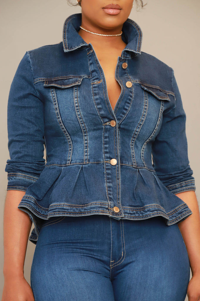 Let You Go Peplum Denim Jacket - Mid Wash - grundigemergencyradio