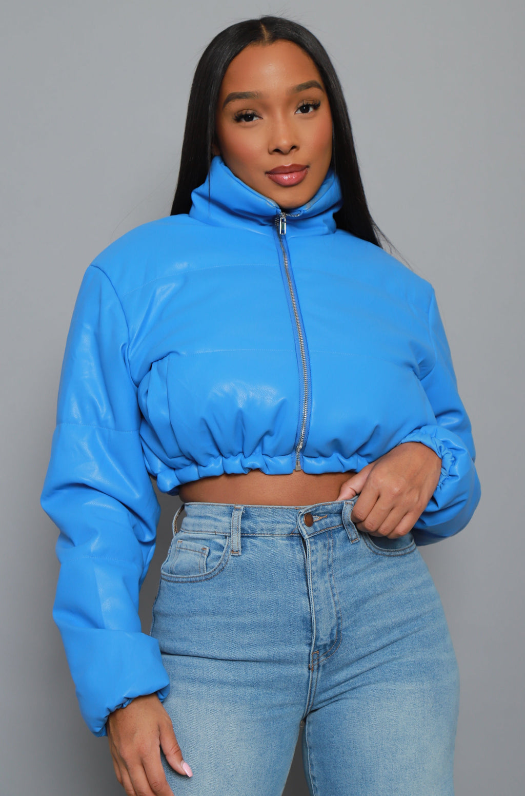 Gotta Roll Cropped Faux Leather Puffer Jacket - Royal Blue