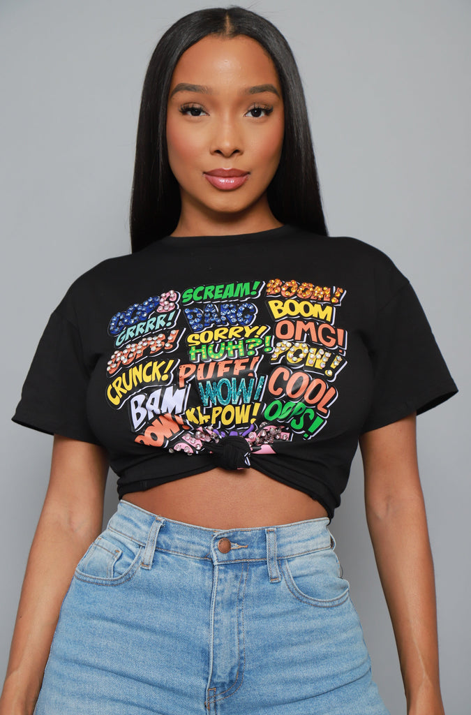 Shout Out Embellished Graphic Print T-Shirt - Black