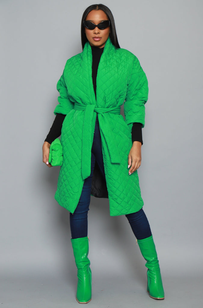 Doing Well Oversized Quilted Trenchcoat - Kelly Green
