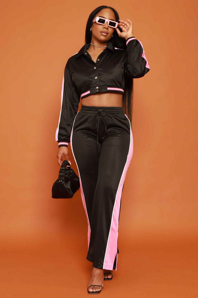 Stay Safe Cropped Jogger Set - Black/Pink - grundigemergencyradio