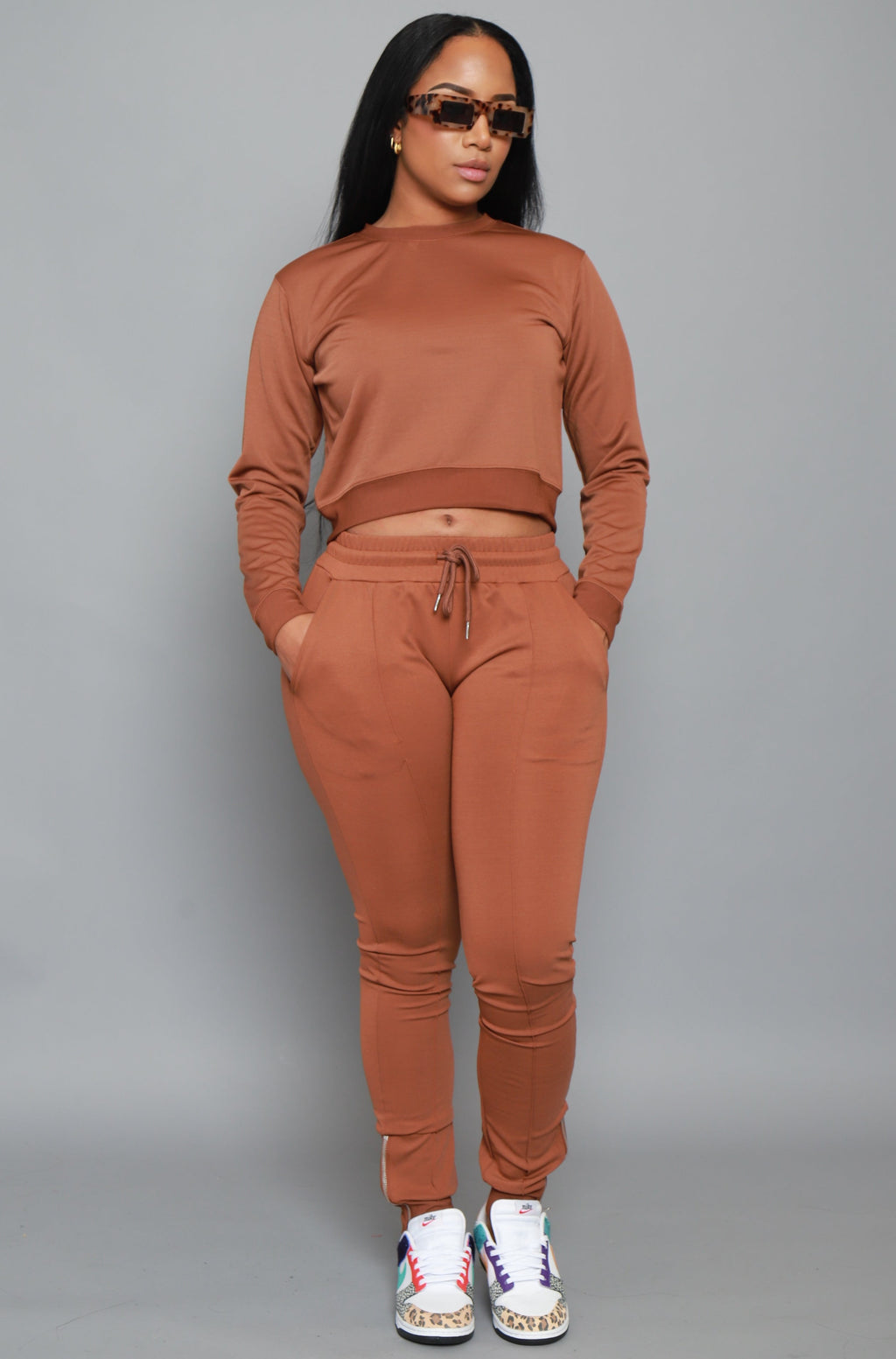 Say When Reverse Long Sleeve Pants Set - Brown