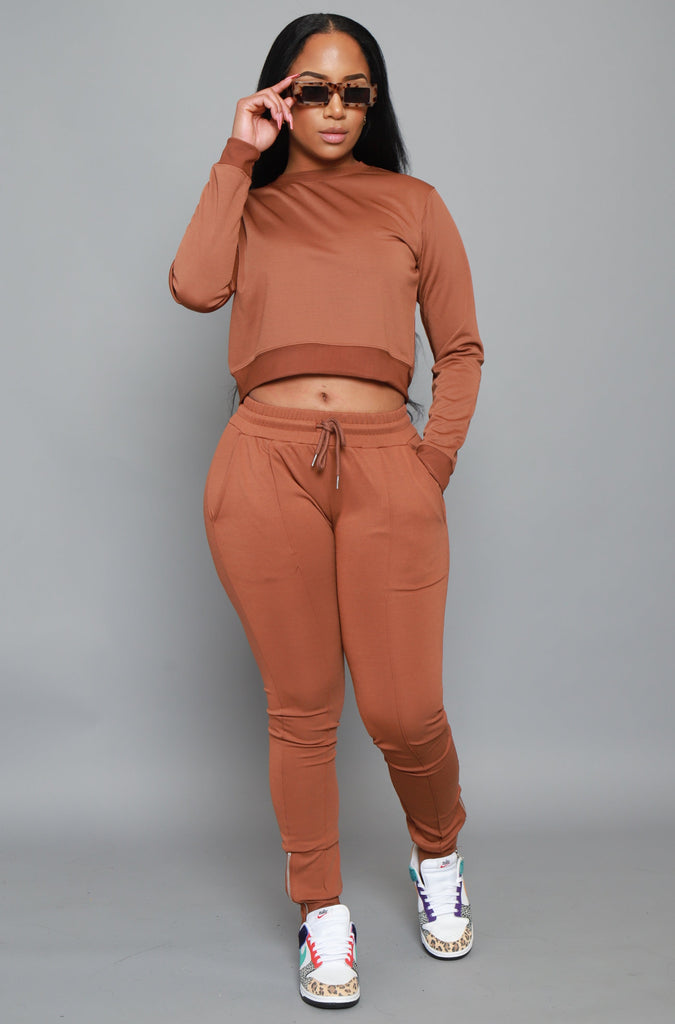 Say When Reverse Long Sleeve Pants Set - Brown