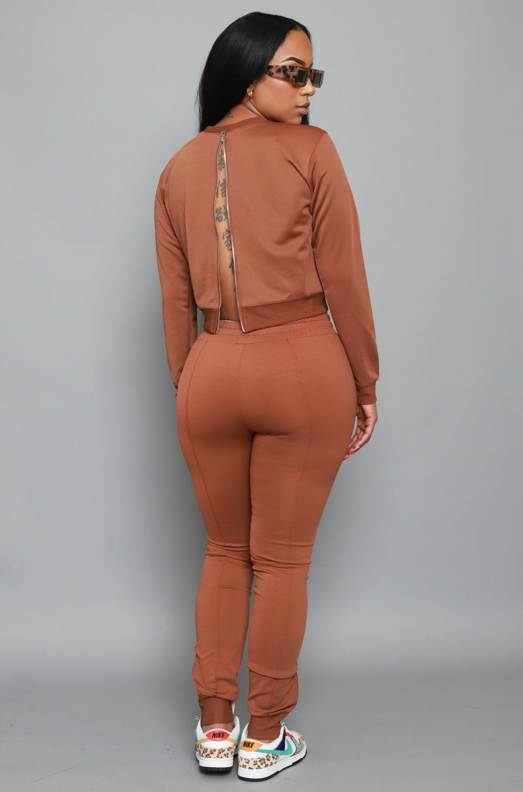 Say When Reverse Long Sleeve Pants Set - Brown