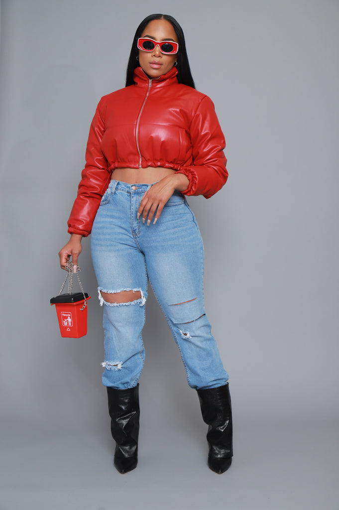 Gotta Roll Cropped Faux Leather Puffer Jacket - Red - grundigemergencyradio