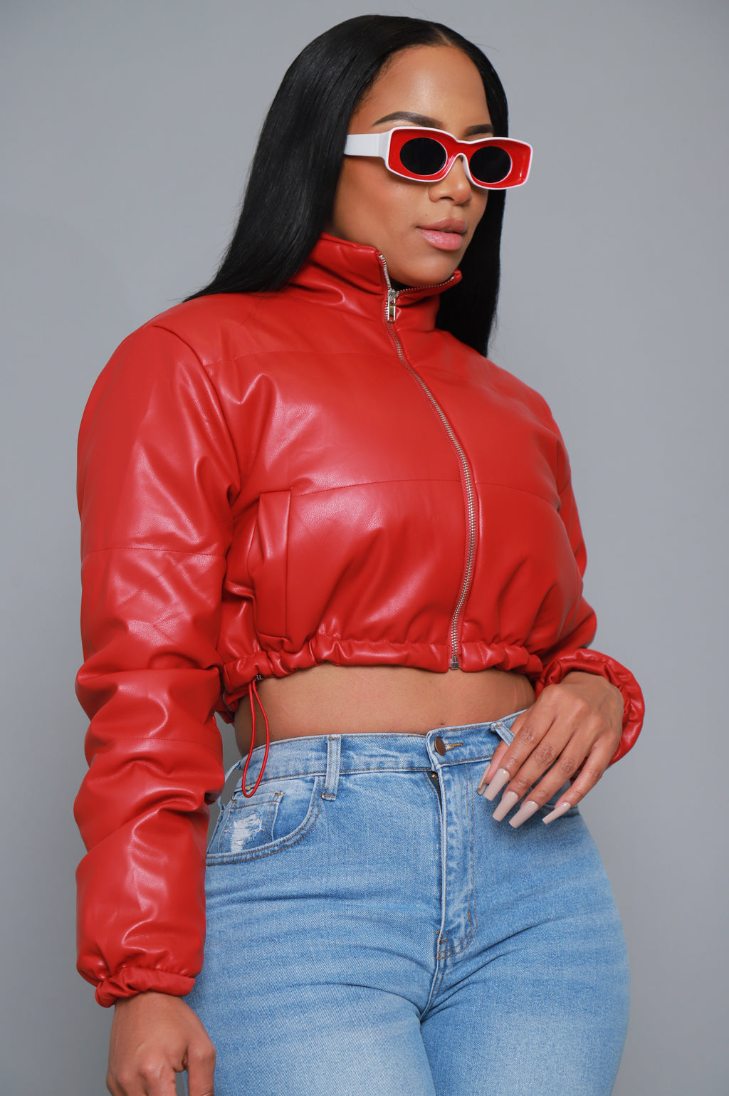 Gotta Roll Cropped Faux Leather Puffer Jacket - Red - grundigemergencyradio