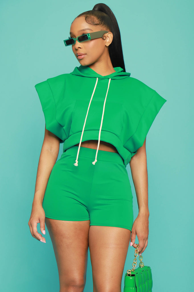 Ready Up Cropped Hooded Short Set - Green - grundigemergencyradio