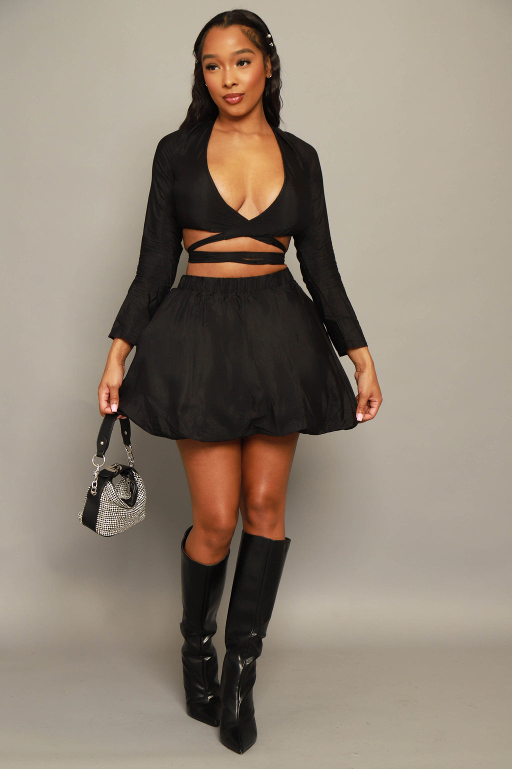 Start Thinking Cropped Puff Skirt Set - Black - grundigemergencyradio