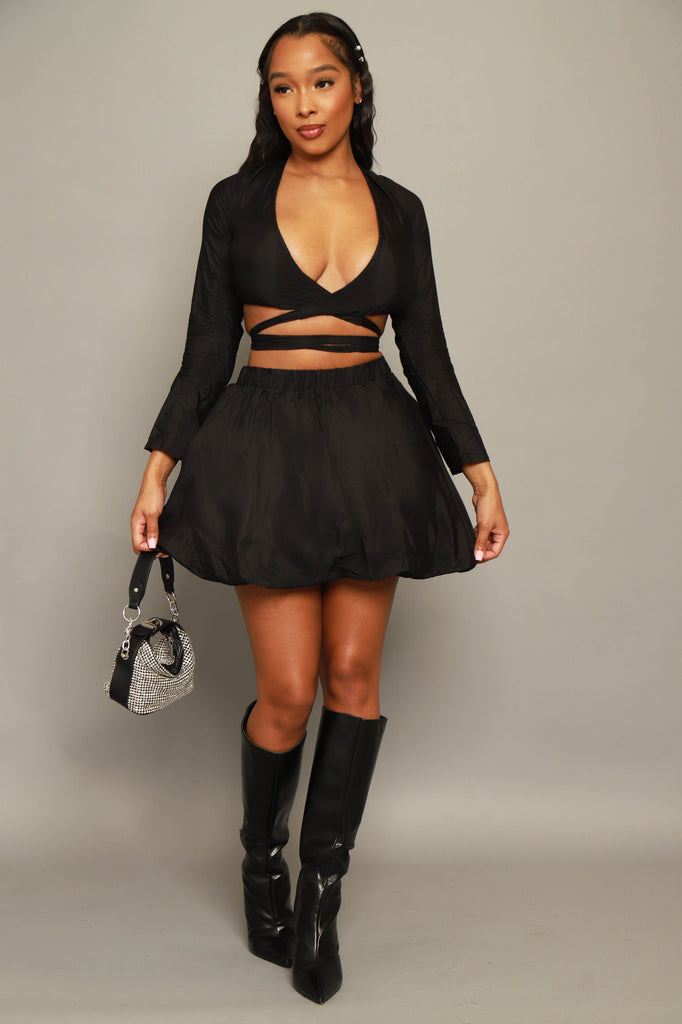 Start Thinking Cropped Puff Skirt Set - Black - grundigemergencyradio