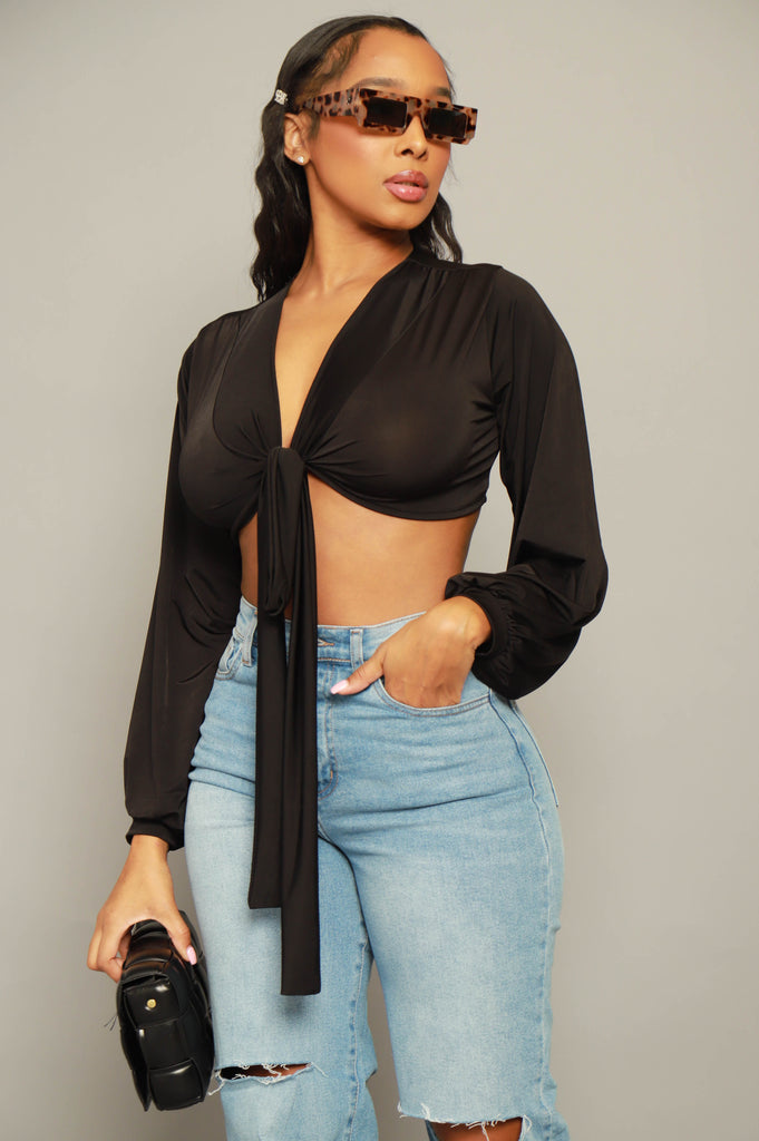 Please Hold Long Sleeve Tie Up Crop Top - Black - grundigemergencyradio