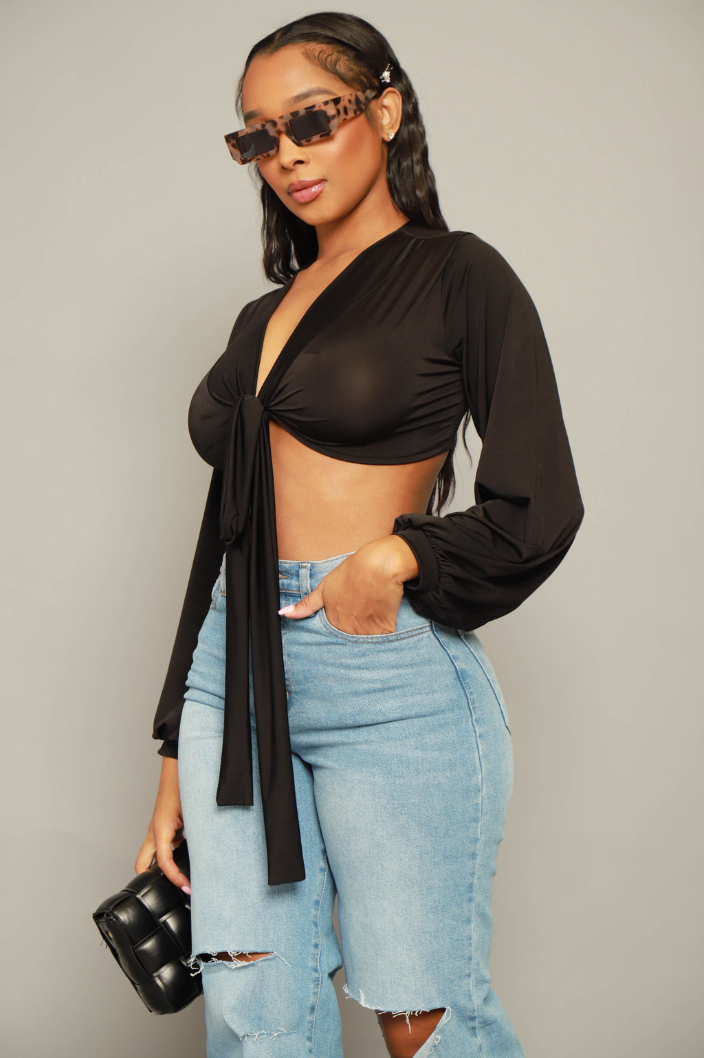 Please Hold Long Sleeve Tie Up Crop Top - Black - grundigemergencyradio