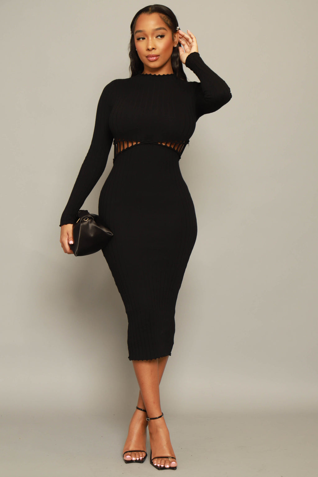 On My Level Knit Peekaboo Bodycon Dress - Black - grundigemergencyradio