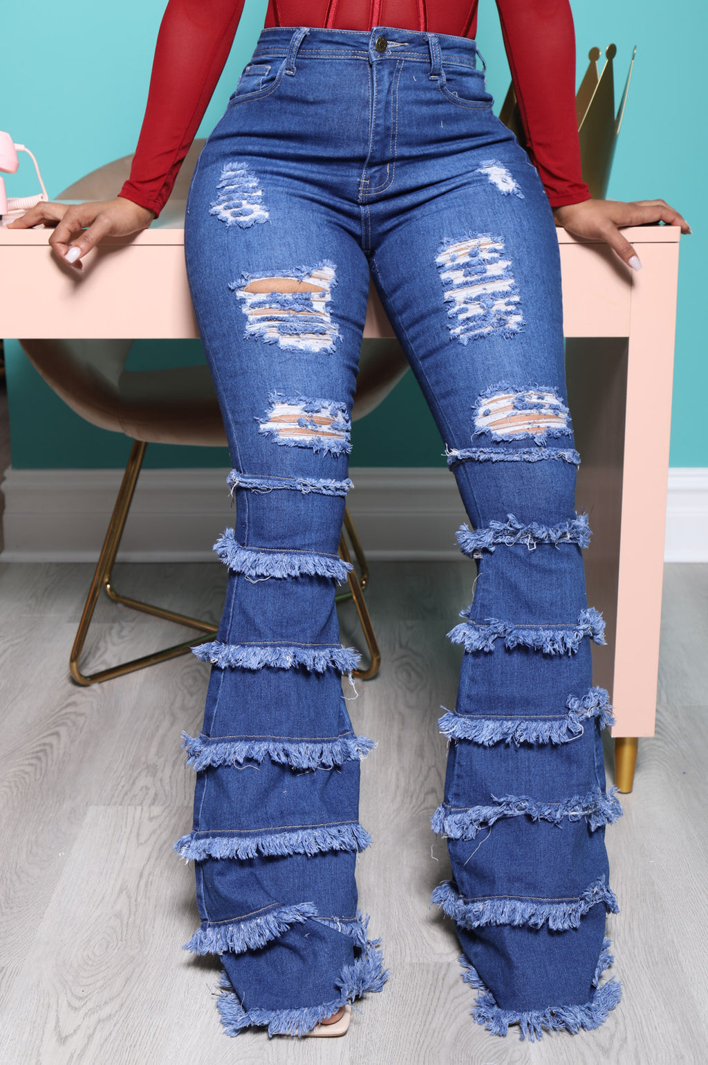 Promise Frayed High Rise Stretchy Flare Jeans - Mid Wash - grundigemergencyradio