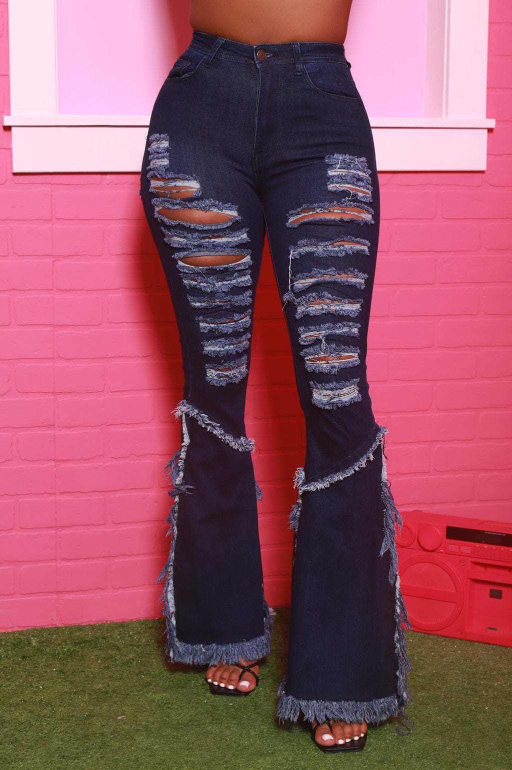 The Other Side Distressed Stretchy Flare Jeans - Dark Wash - grundigemergencyradio