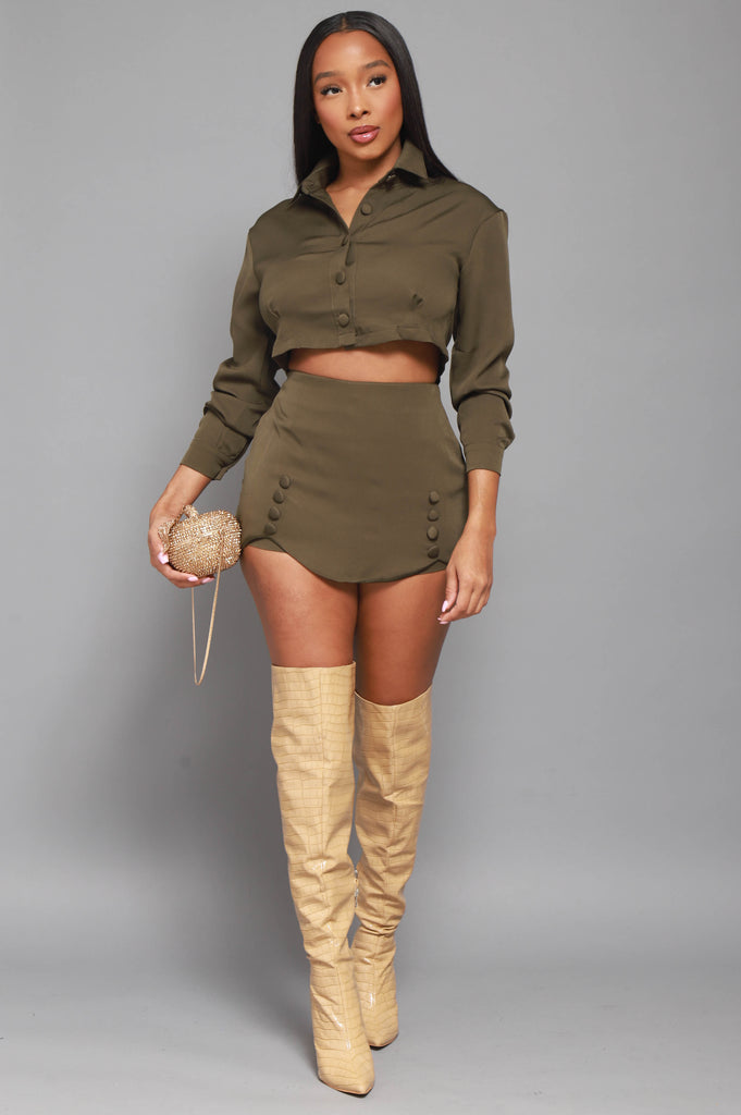 Time Will Tell Button Up Cropped Skirt Set - Olive - grundigemergencyradio