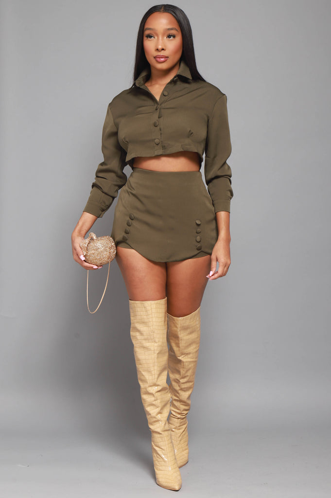 Time Will Tell Button Up Cropped Skirt Set - Olive - grundigemergencyradio