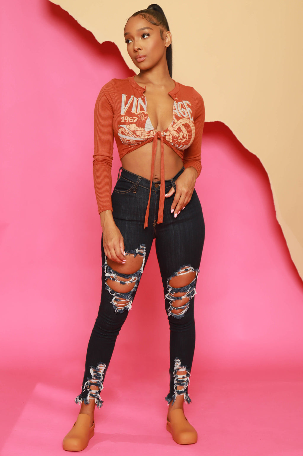 Vintage Classics Graphic Wrap Crop Top - Orange - grundigemergencyradio