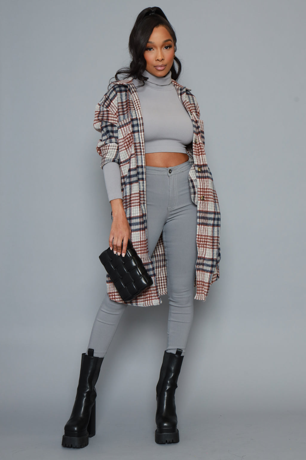 What I Say Plaid Longline Shirt Jacket - Navy/Grey - grundigemergencyradio